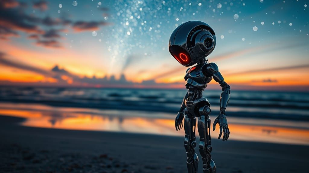 Hyper-Realistic Doll Basks in Sunset Glow on Glittering Beac...