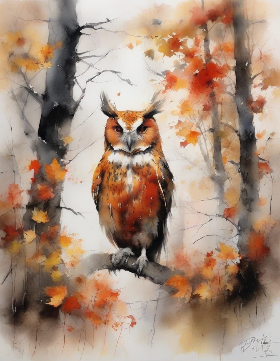 Two Red Owls in Autumn Forest