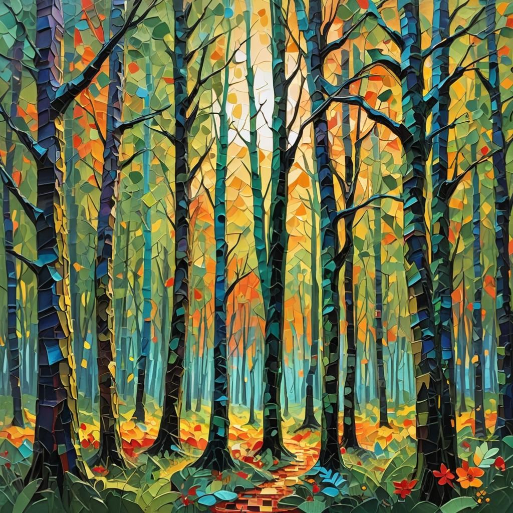 Sunrise Forest: Impasto Painting with Collage Elements