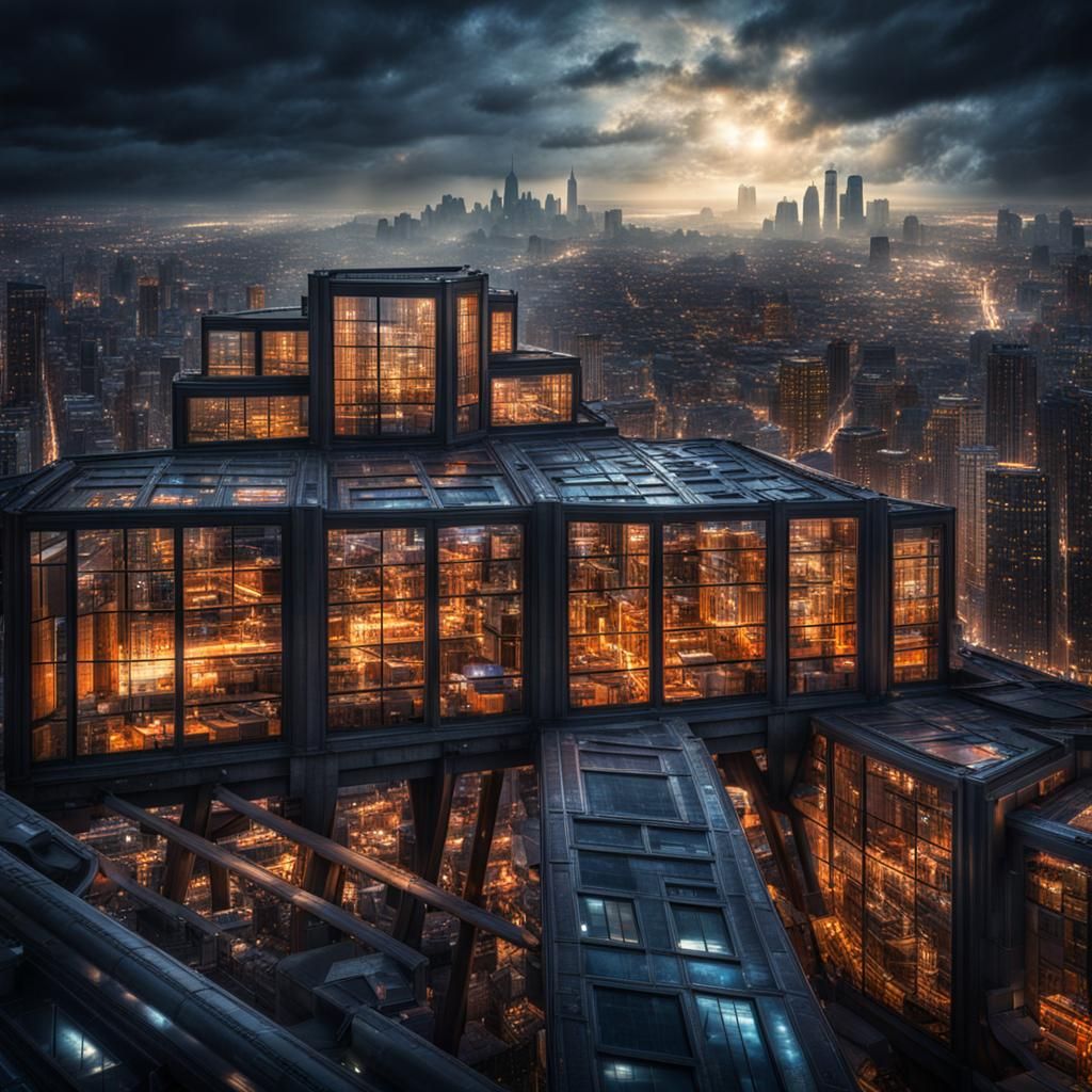 Cosmic Architecture with Epic Windows and Cityscape
