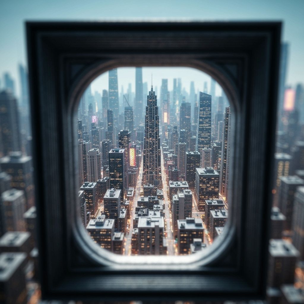 Surreal Cityscape Viewed Through Giant Keyhole
