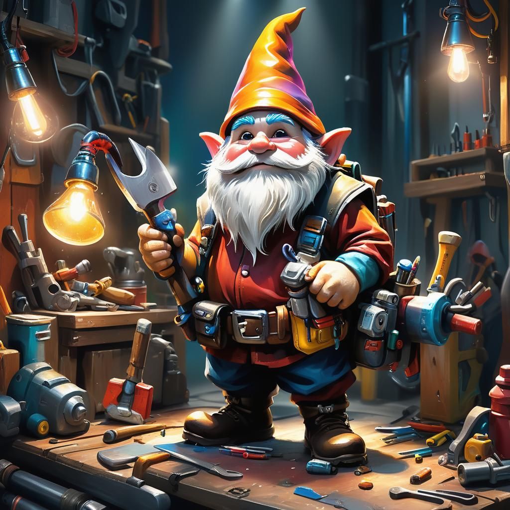 Gnome in High-Tech Workshop: Hyperrealistic Digital Painting