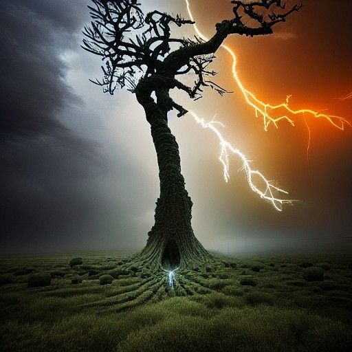 Surreal Tree in Dramatic Thunderstorm