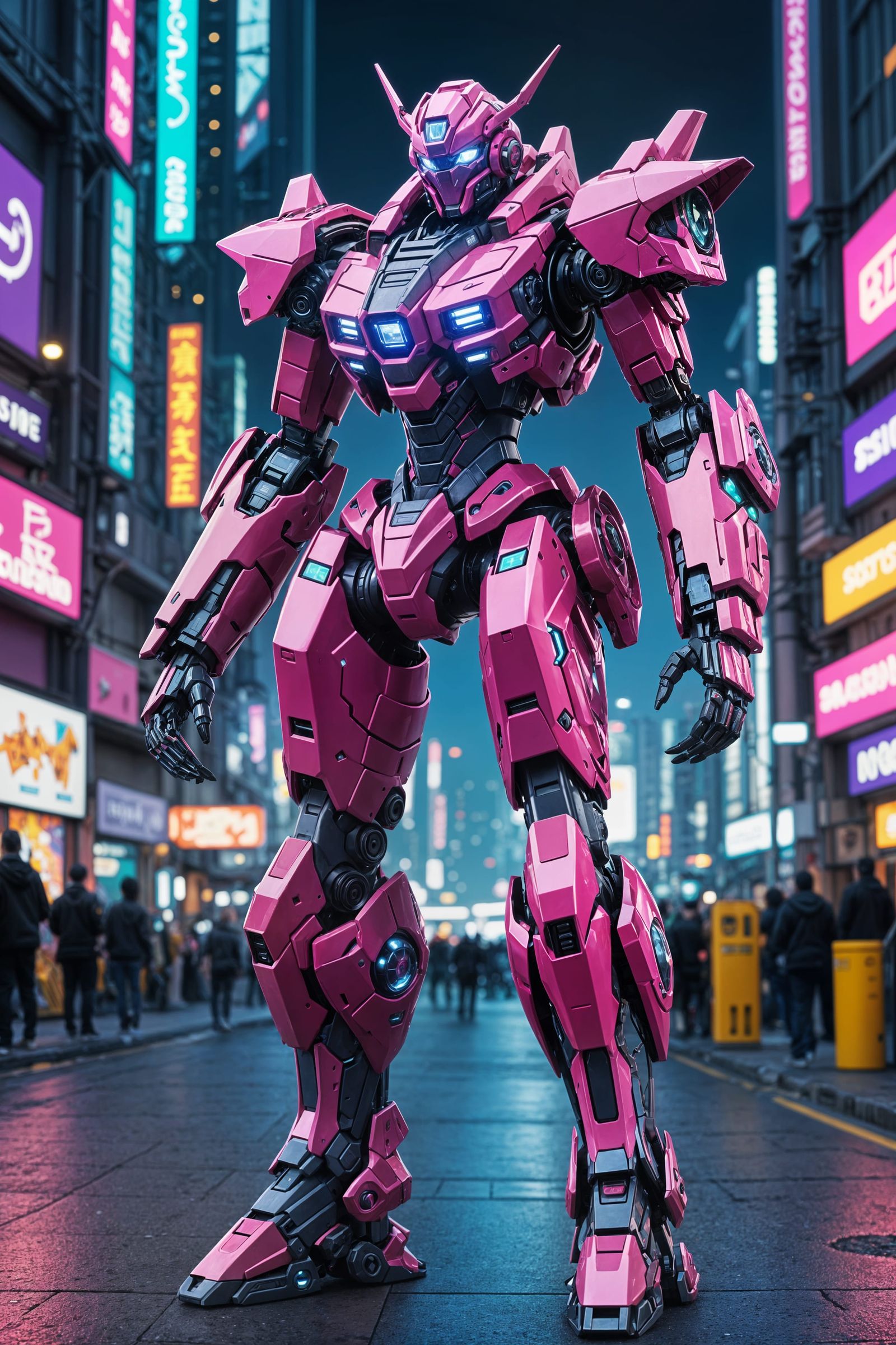 Girl with Colossal Pink Mecha in Sci-Fi Landscape