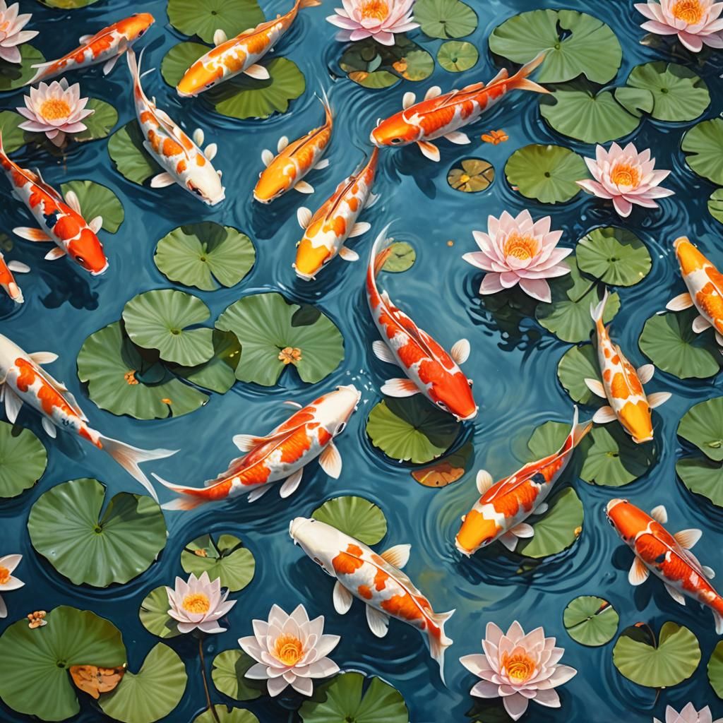 Koi Fish and Lotus Flowers Oil Painting