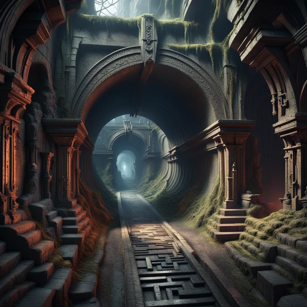 Fantastical Evil Labyrinth Tunnels in Detailed Matte Paintin...