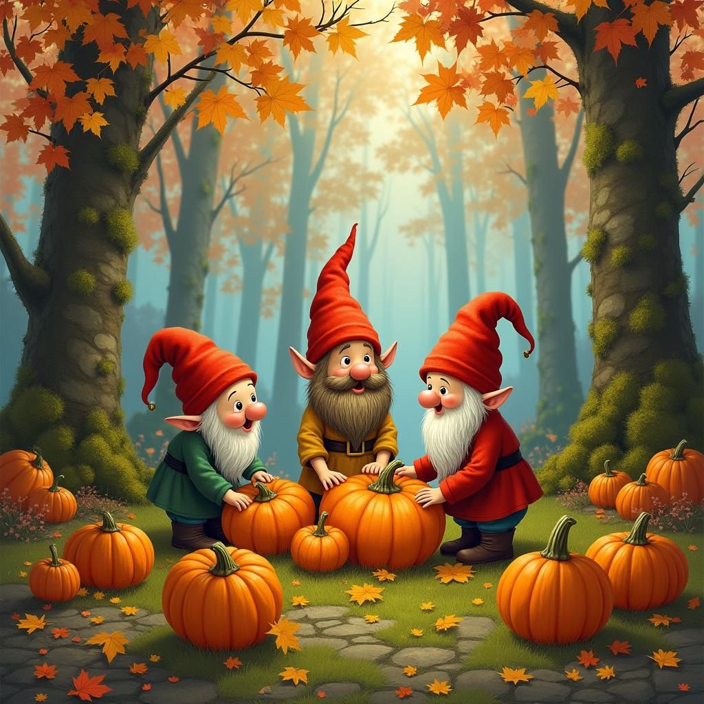 Whimsical Gnomes Admiring Pumpkins in Autumnal Forest