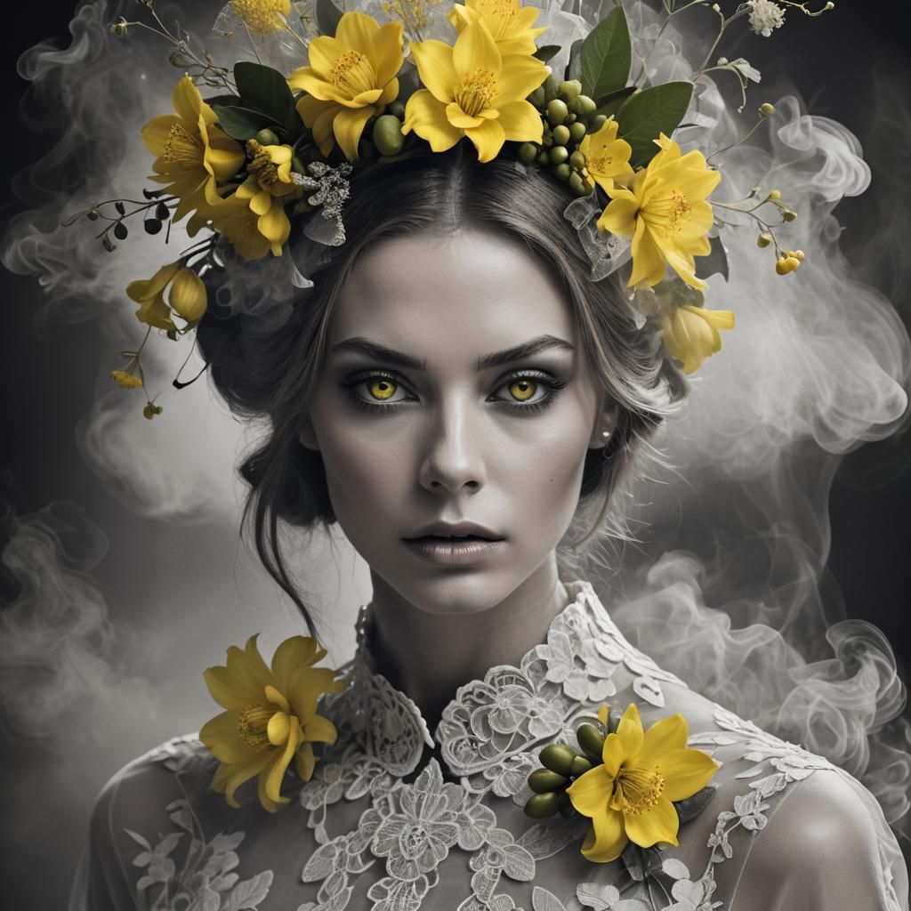 Hyperrealistic Portrait with Yellow Eyes and Floral Headpiec...