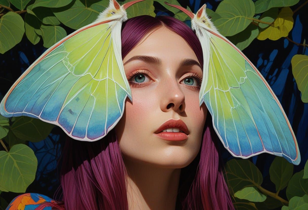 Woman's Face Hidden by Luna Moth in Comic Style