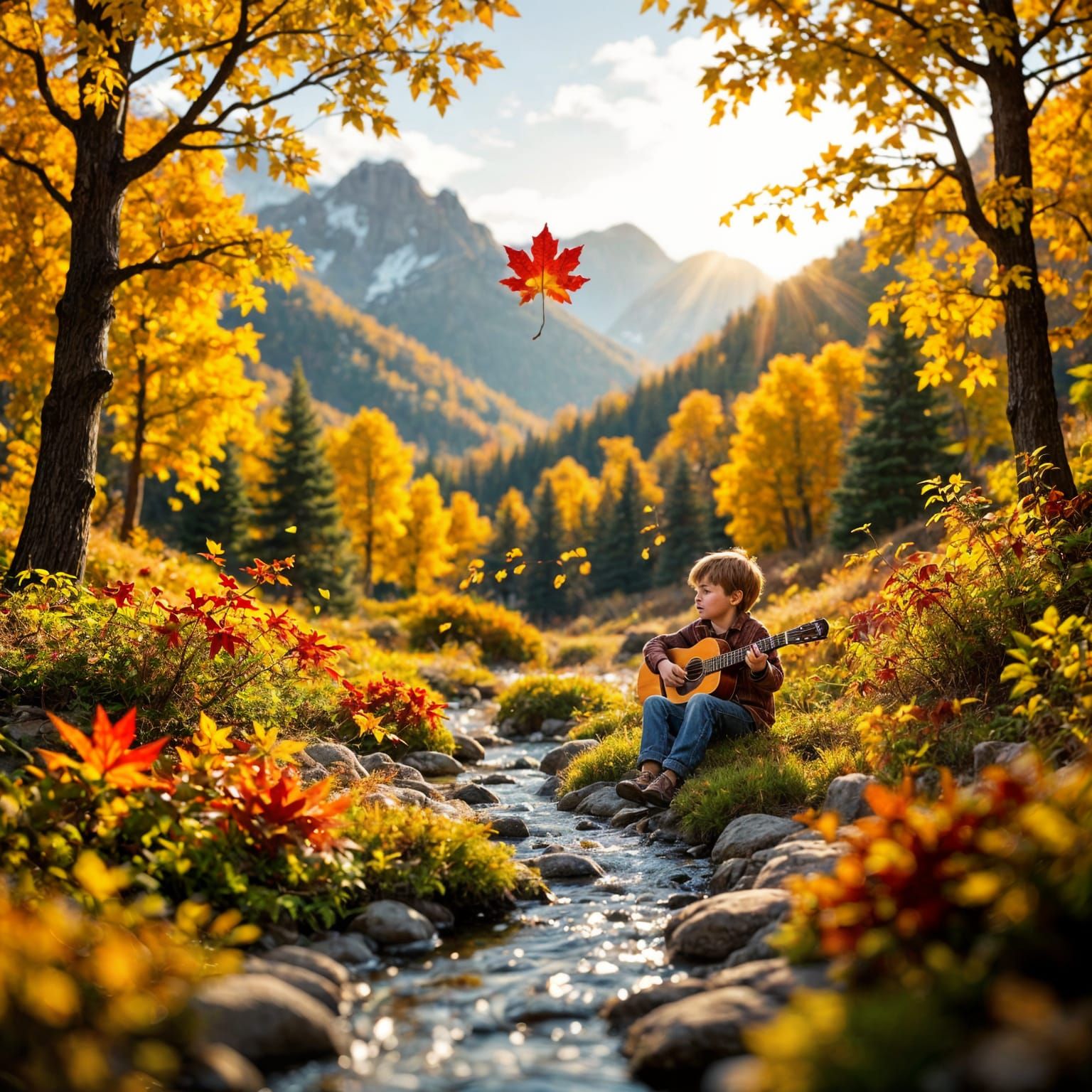 Tiny Autumn Microcosm with Boy Playing Guitar