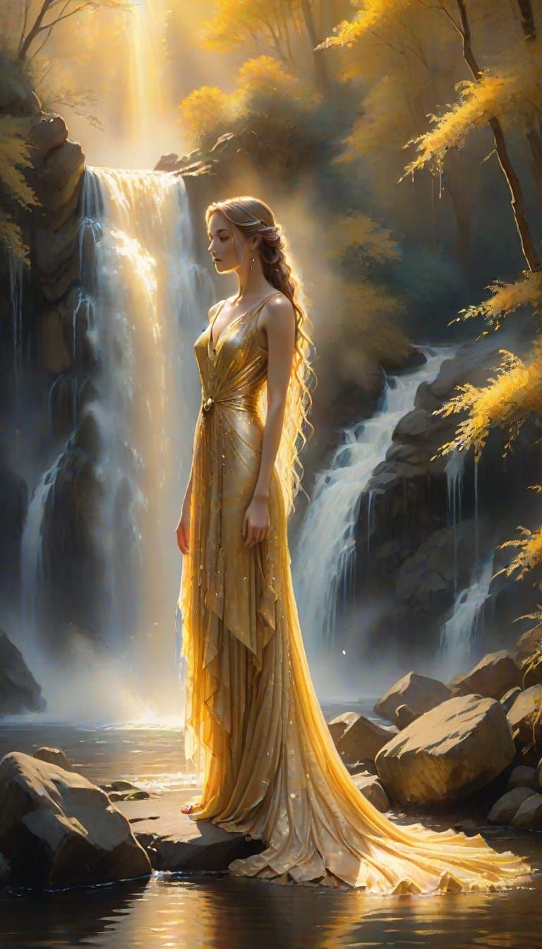 Ethereal Waterfall Scene with Woman in Silk Gown