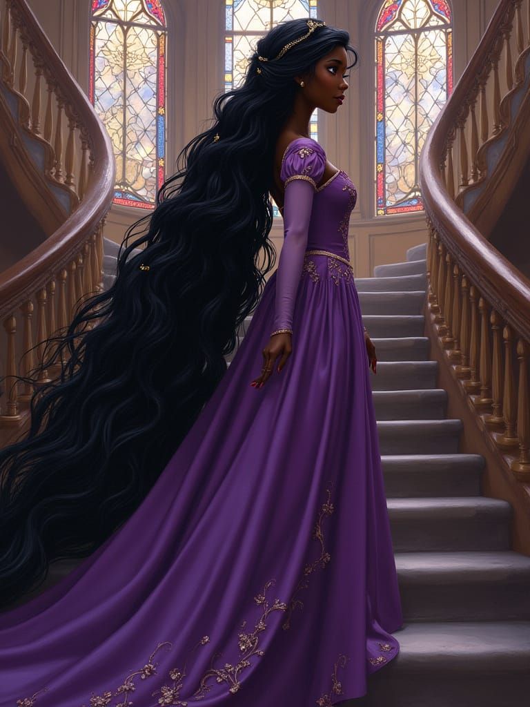Elegant Black Princess Ascends Grand Staircase