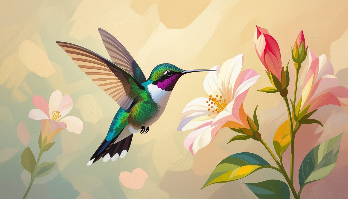 Ruby Hummingbird Sipping Nectar: Neo-Expressionist Painting