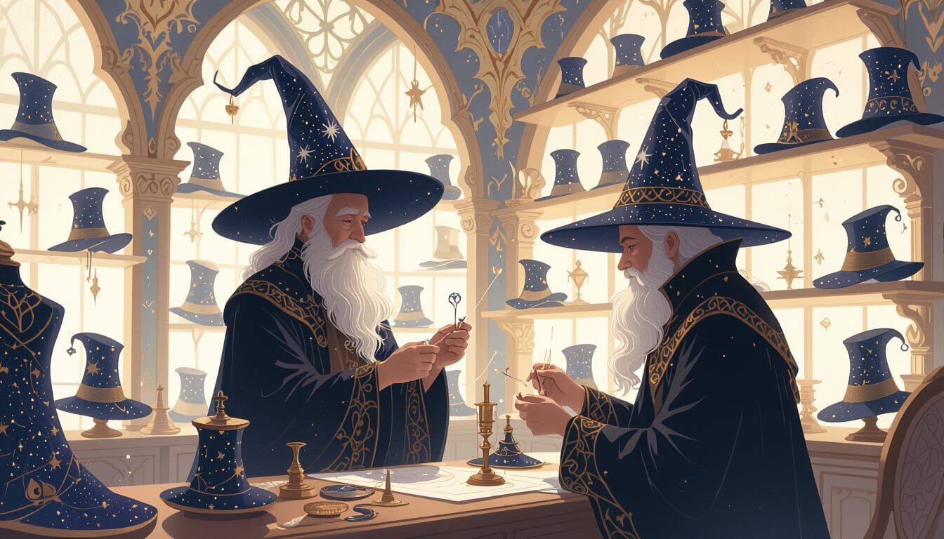 Wizard Hat Maker Adjusts Constellation Hat in Magical Atelie...