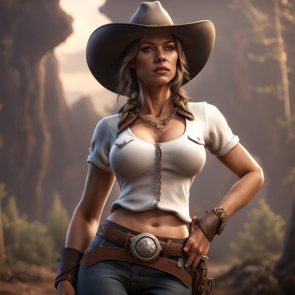 Cowgirl Model in Detailed Matte Painting Style