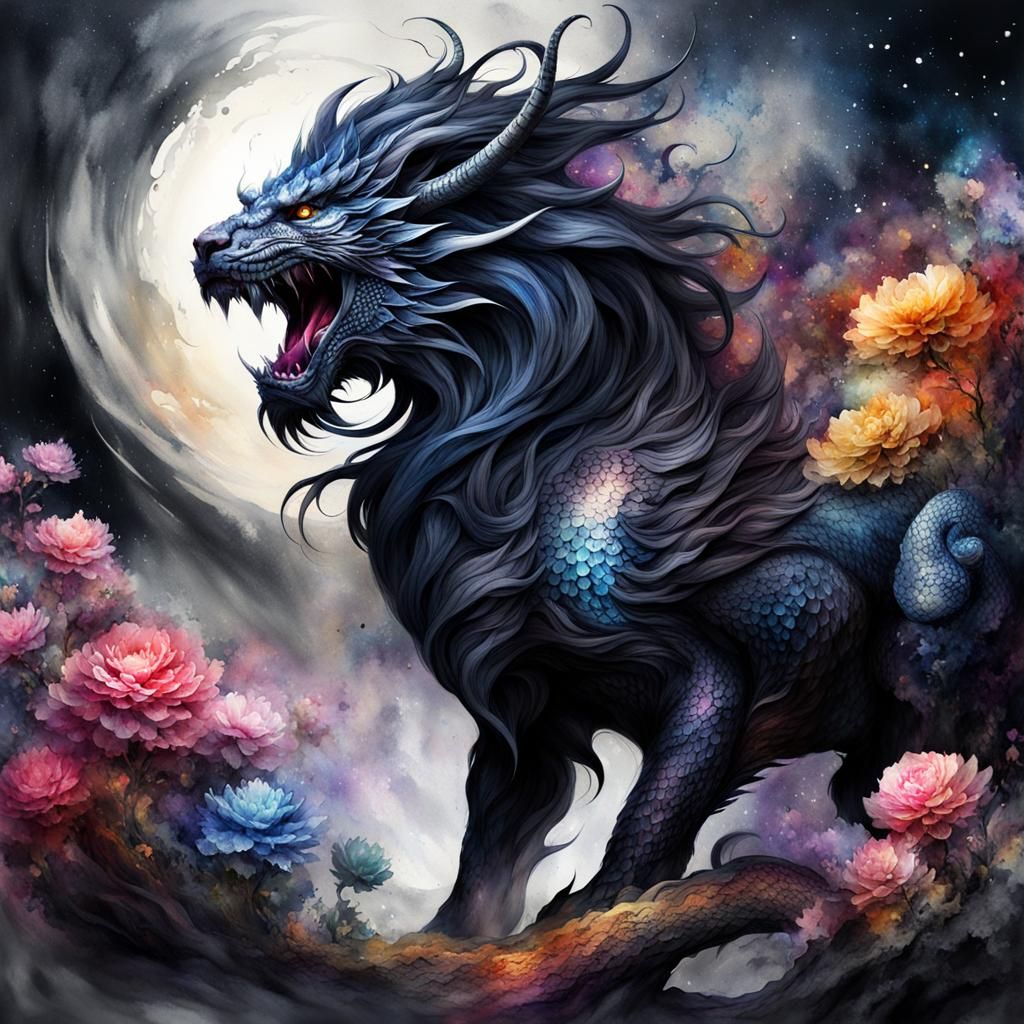 Dark Dragon Lion in Digital Watercolor Fantasyscape