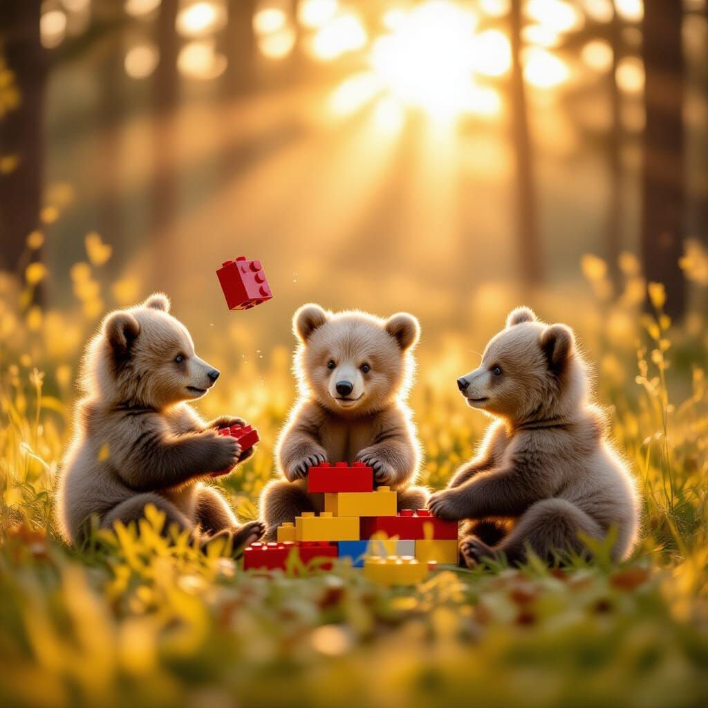 Playful Bear Cubs with LEGO in a Sunny Forest Clearing