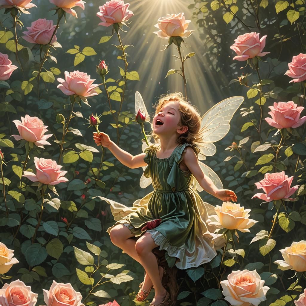 Fairy Awakens on a Rose in Sunlight