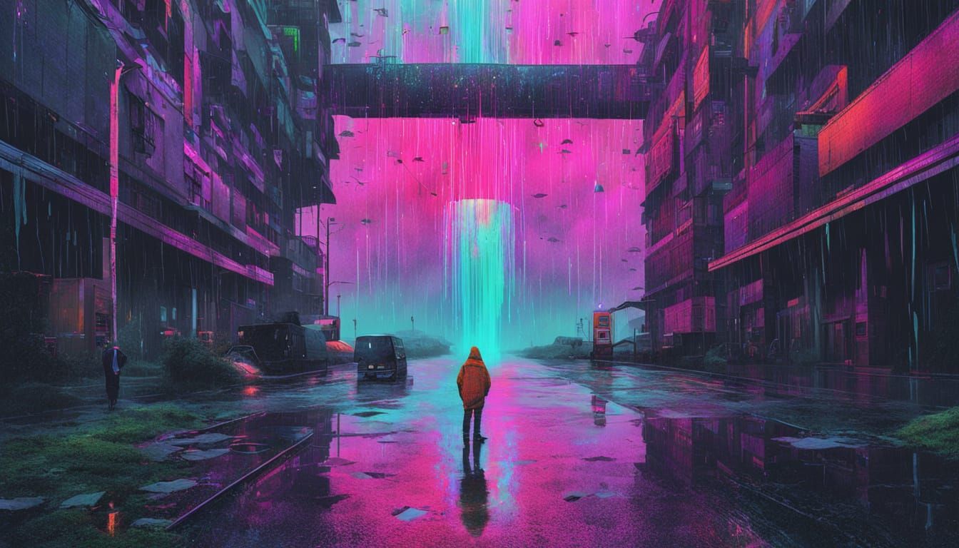 Surreal Glitch Portal Unfolds in Neon Rainstorm