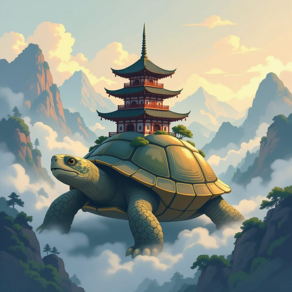 Pagoda on Giant Turtle in Misty Mountains