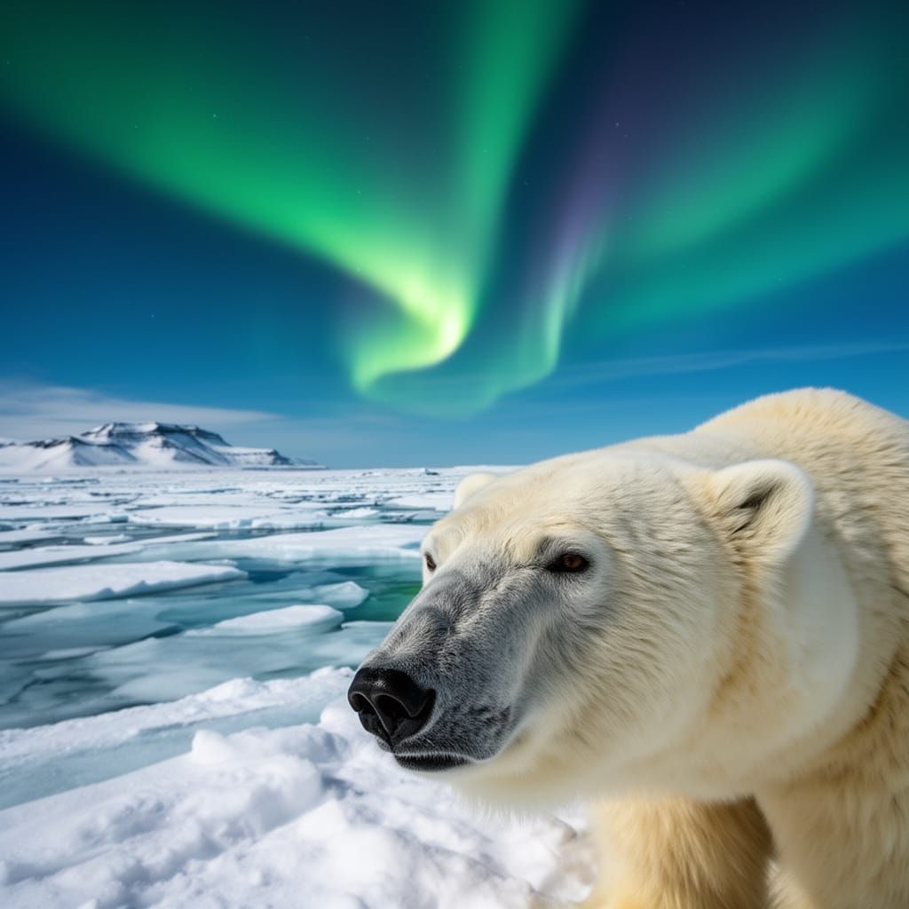 Polar Bear Under Northern Lights on Ice Plain