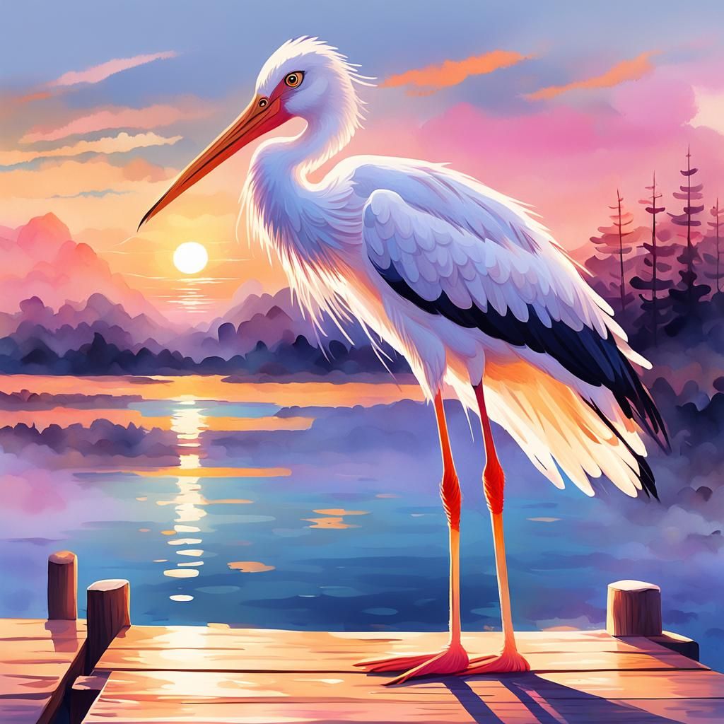 Stork on Dock at Sunset in Watercolor Style