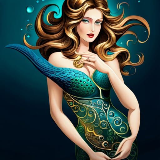 Surreal Gold Mermaid in Turquoise Water