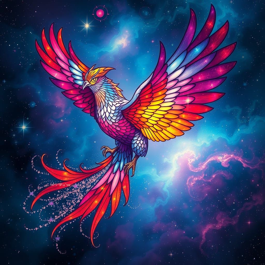 Bioluminescent Stained Glass Phoenix Soaring Through Nebula