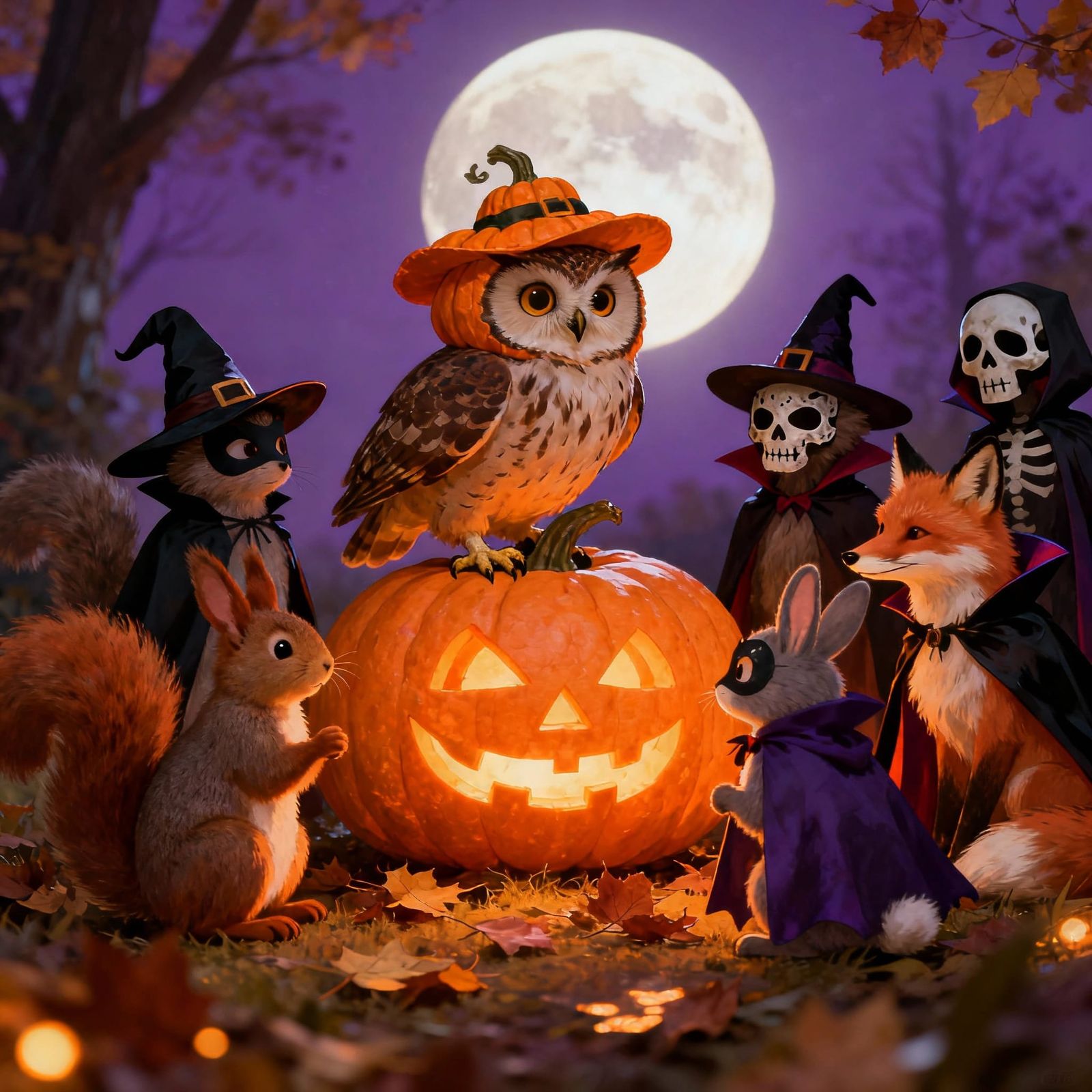 Forest Animals in Halloween Costumes Under Full Moon