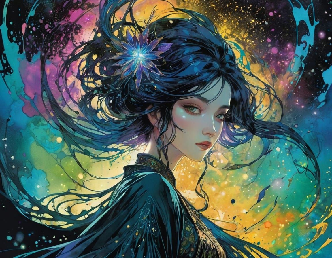 Powerful Sorceress in Liquid Ink Watercolour Style