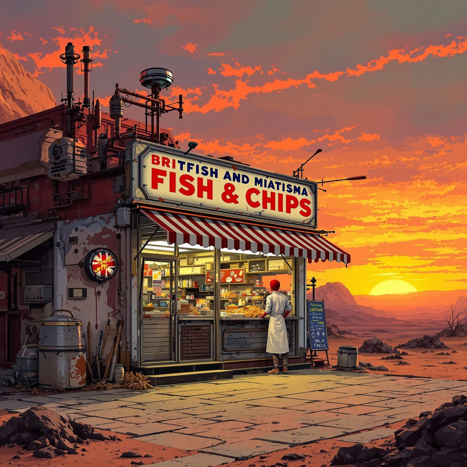 British Chippy on Mars in Retro-Futuristic Style