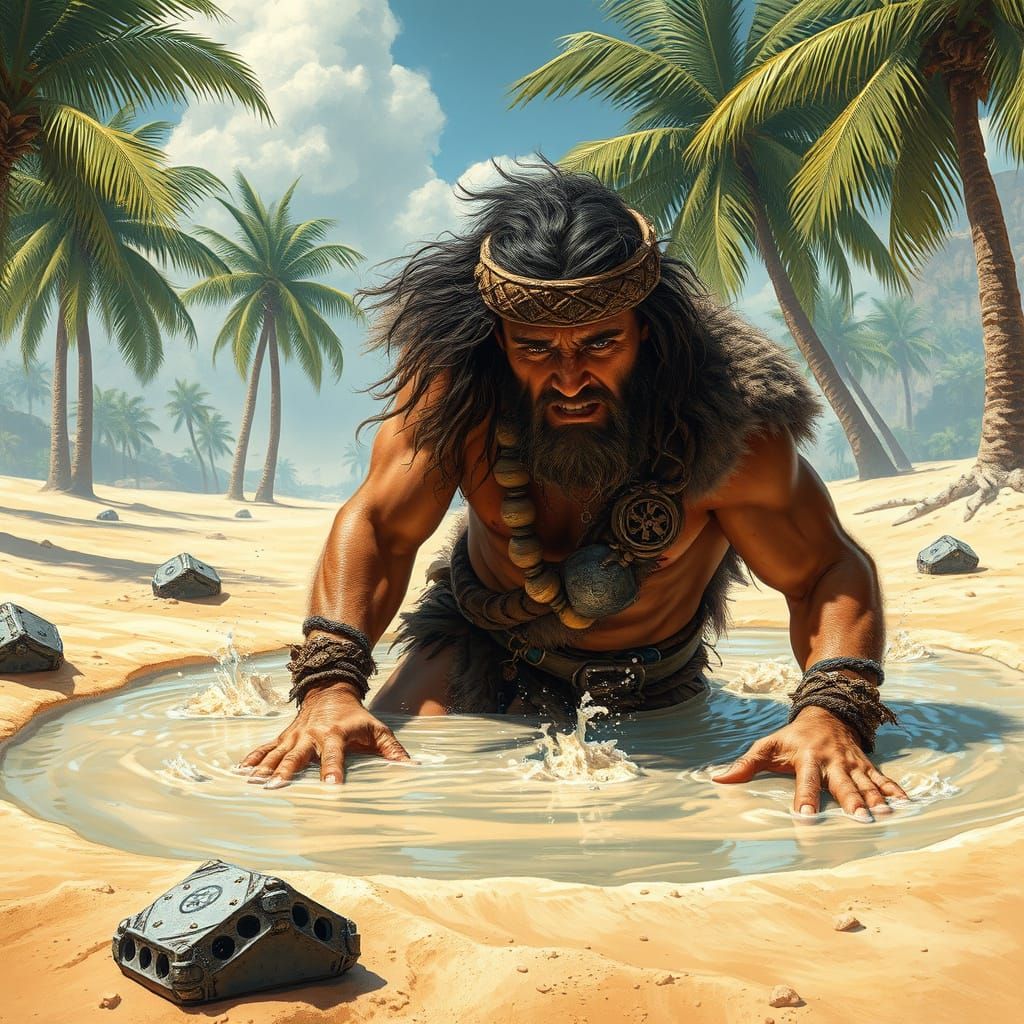 Barbarian Trapped in Quicksand Desert Oasis