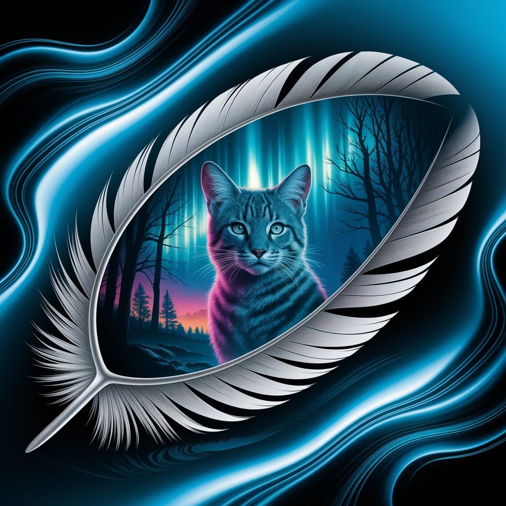 Surreal Maine Coon Cat in Feather Double Exposure