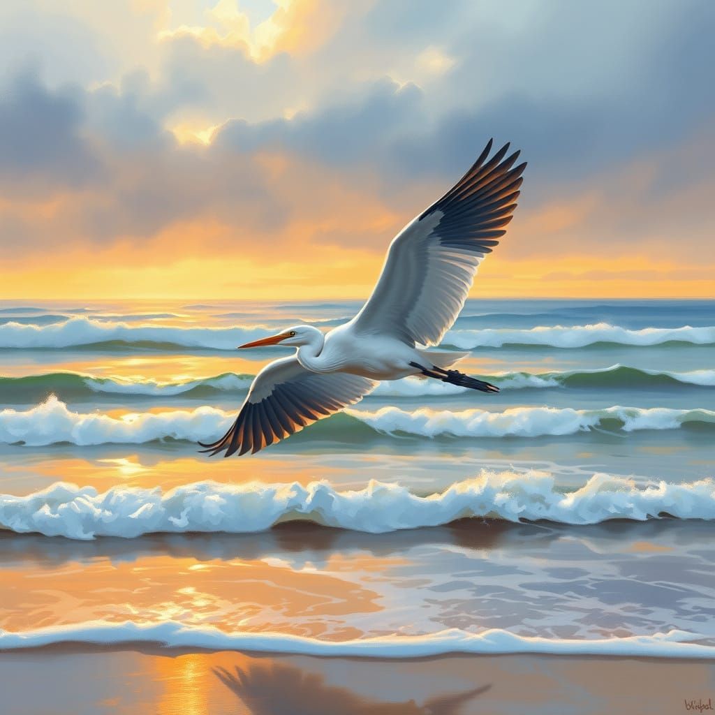 Heron Skimming Beach at Sunset in Kinkade Style