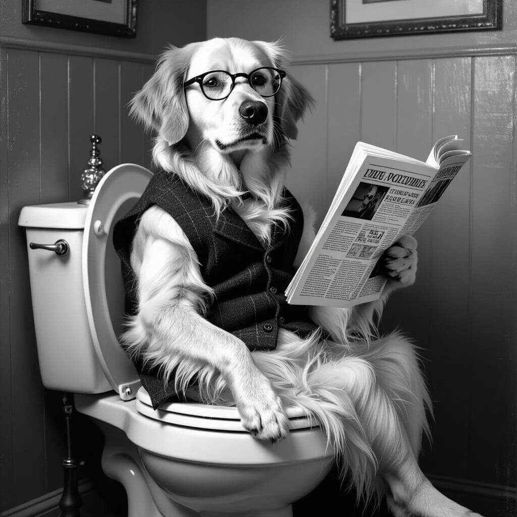 Golden Retriever on Toilet in Black and White