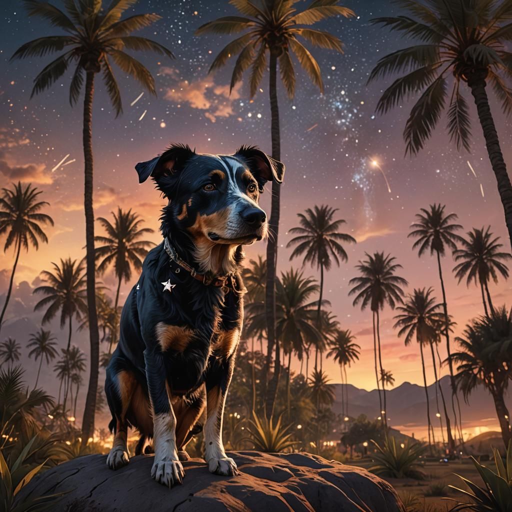 Dog Silhouetted at Sunset: Matte Painting Style