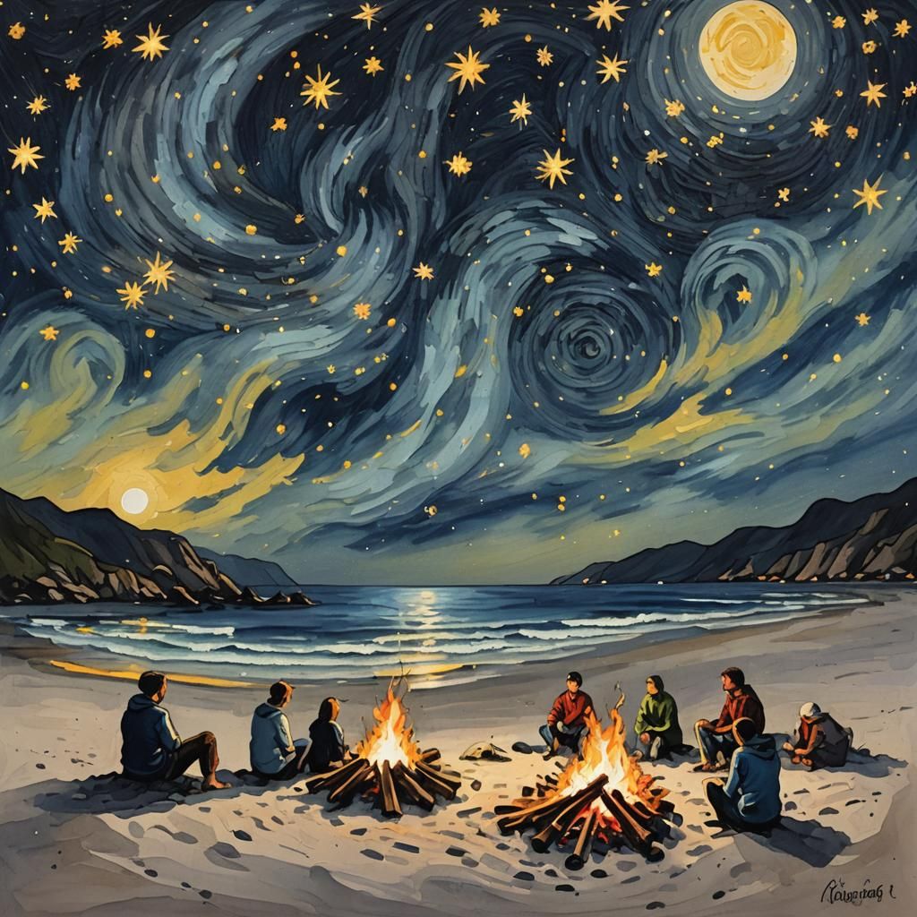 Bonfire on Beach Under Starry Night Sky