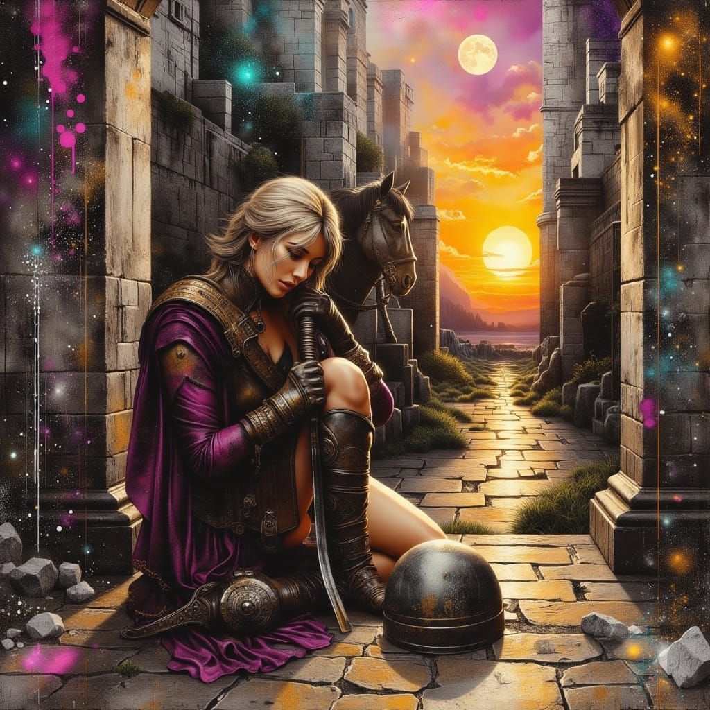 A beautiful female warrior kneeling down, head down, exhausted, head leaning on a sword, her h...