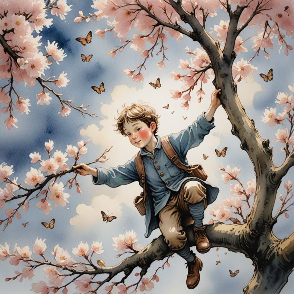 Whimsical Watercolor Boy in a Cherry Blossom Tree