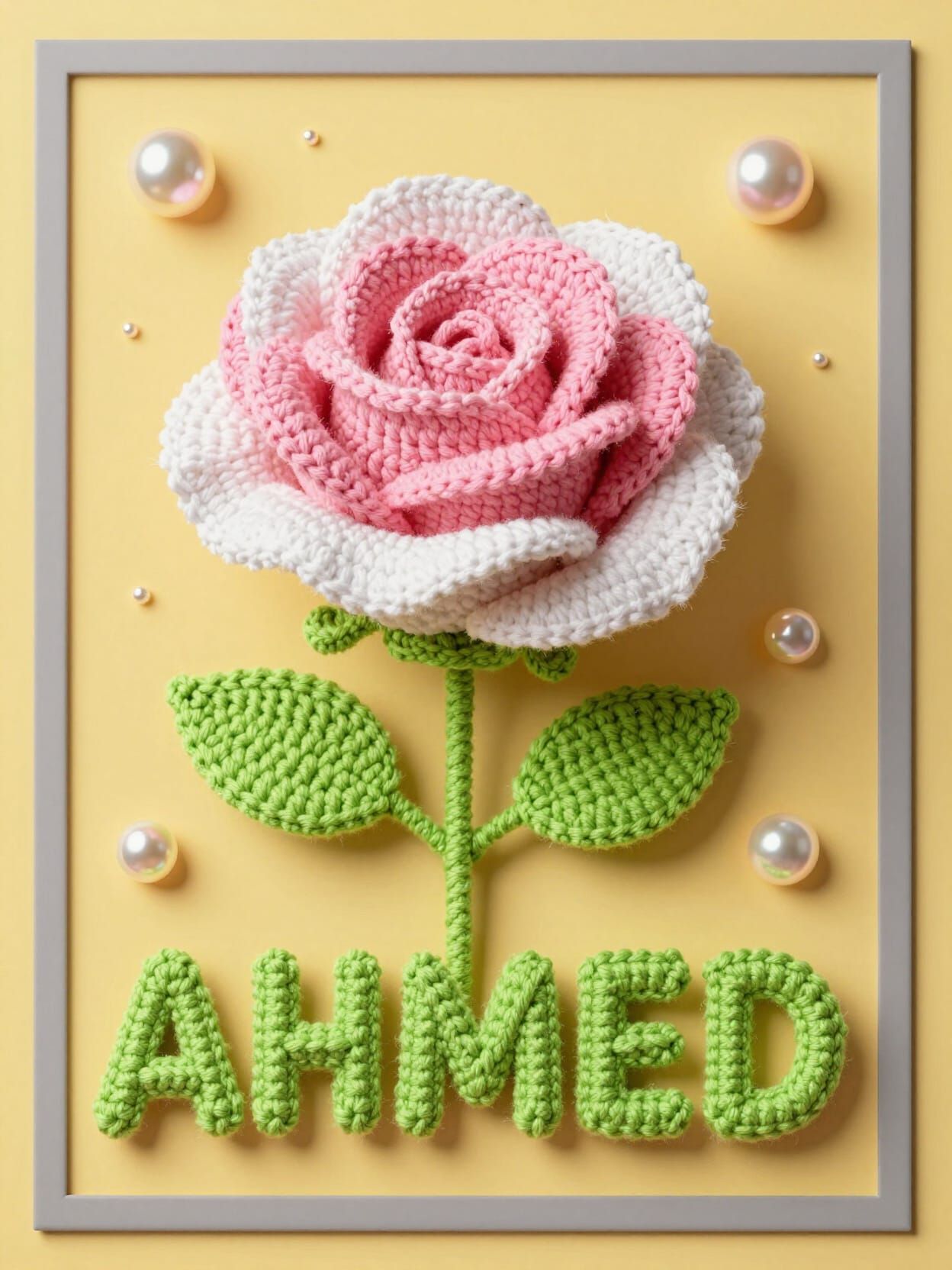 Giant Crocheted Rose With Name AHMED In Surreal Style