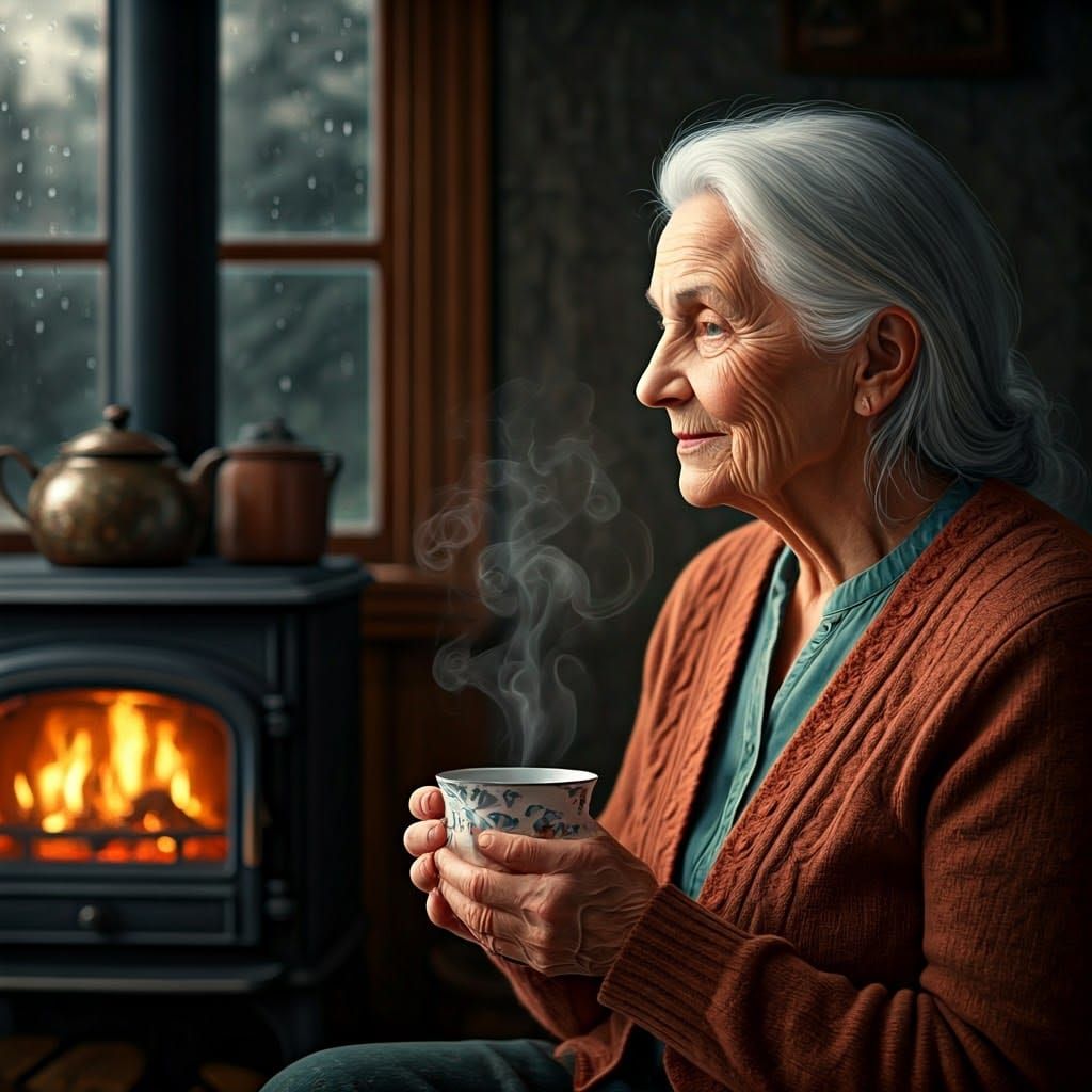 Elderly Woman by Wood Stove: Dreamy, Ethereal Aesthetic