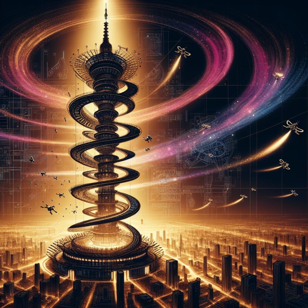 Towering Spiral Structure in Luminescent Cityscape
