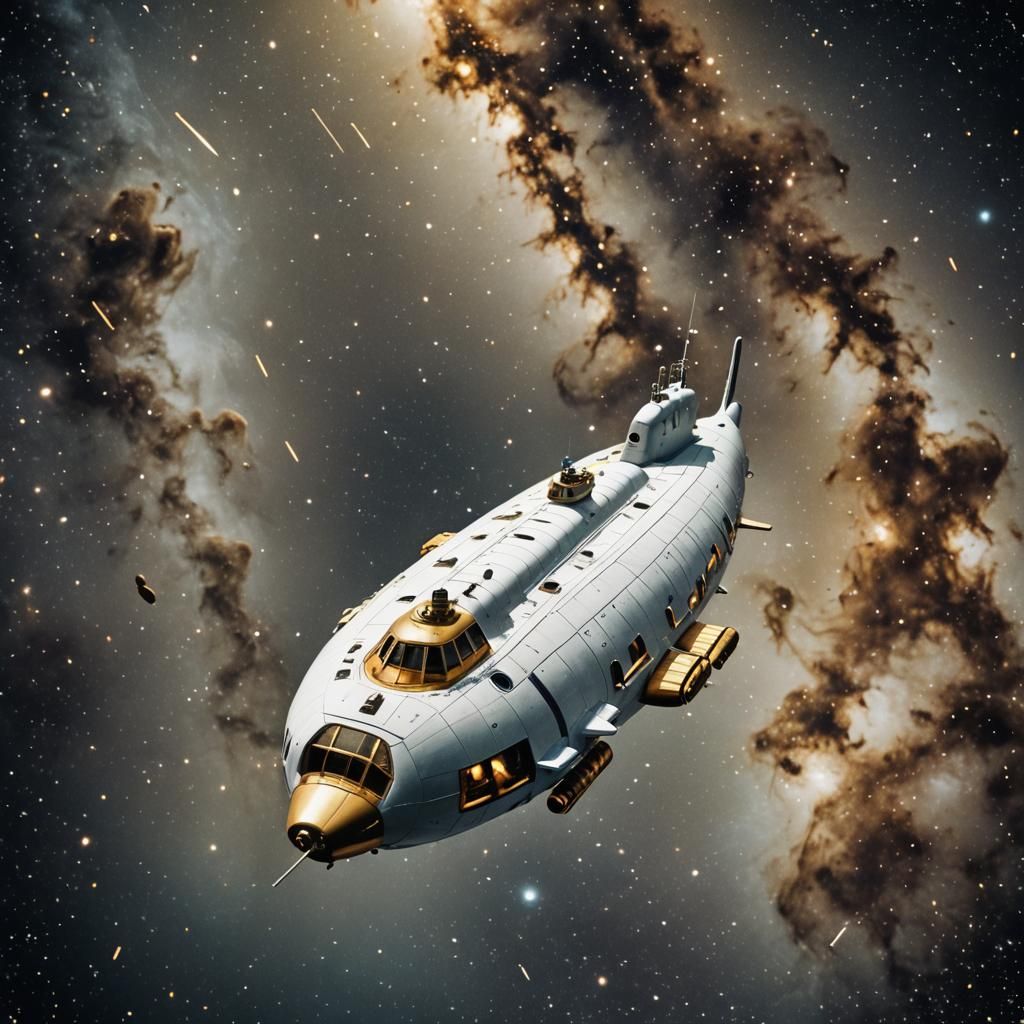 White Submarine in Starry Space: Cinematic Still