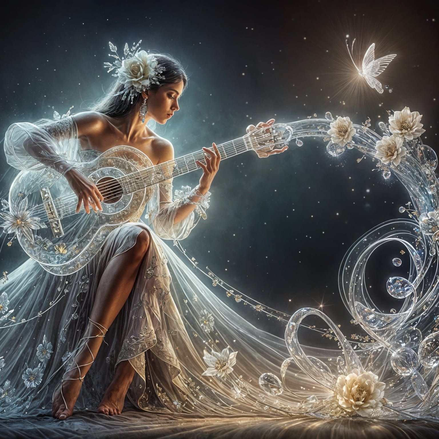 Hispanic Woman Plays Crystal Guitar in Watercolor