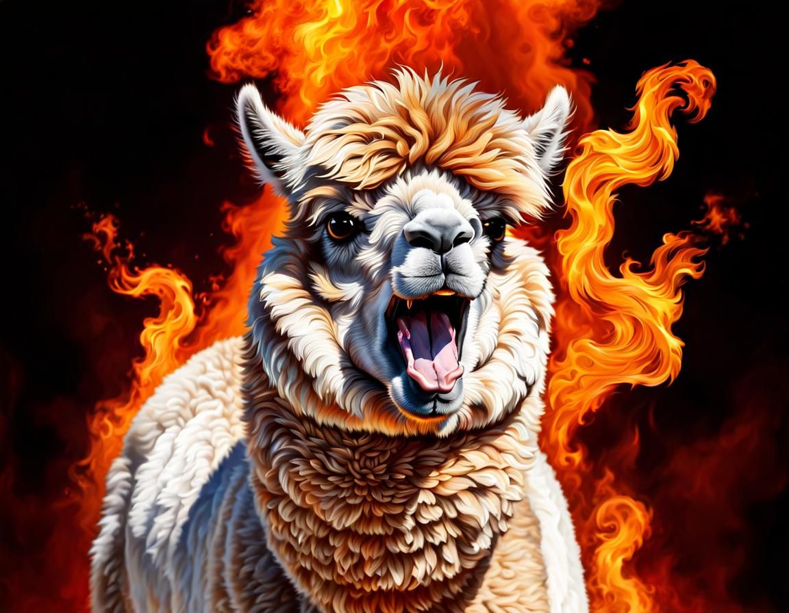 Terrified Alpaca Screaming in Fiery Landscape: Hyperrealisti...