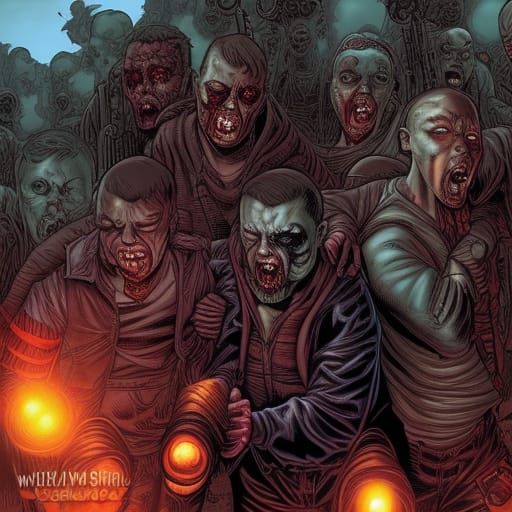 Zombies on Trains in Comic Book Art Style