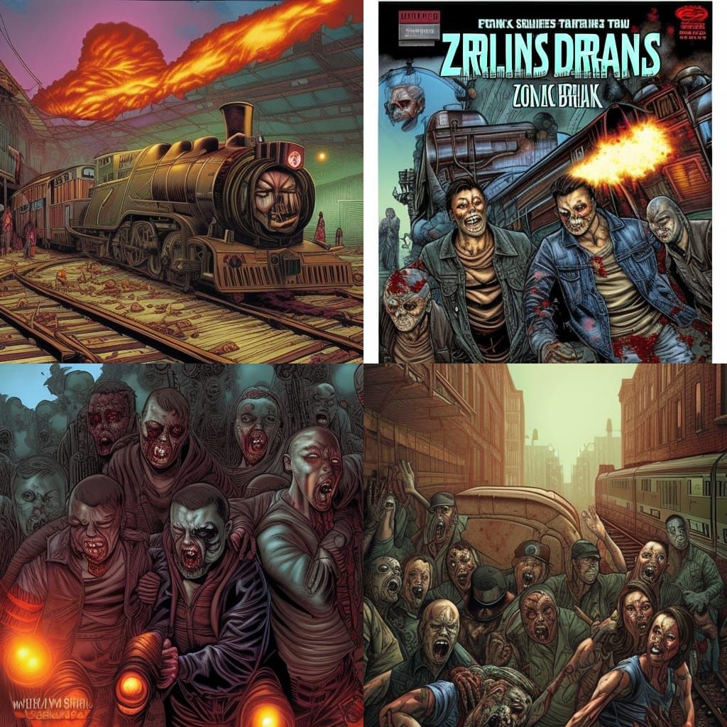 Zombies on Trains in Comic Book Art Style