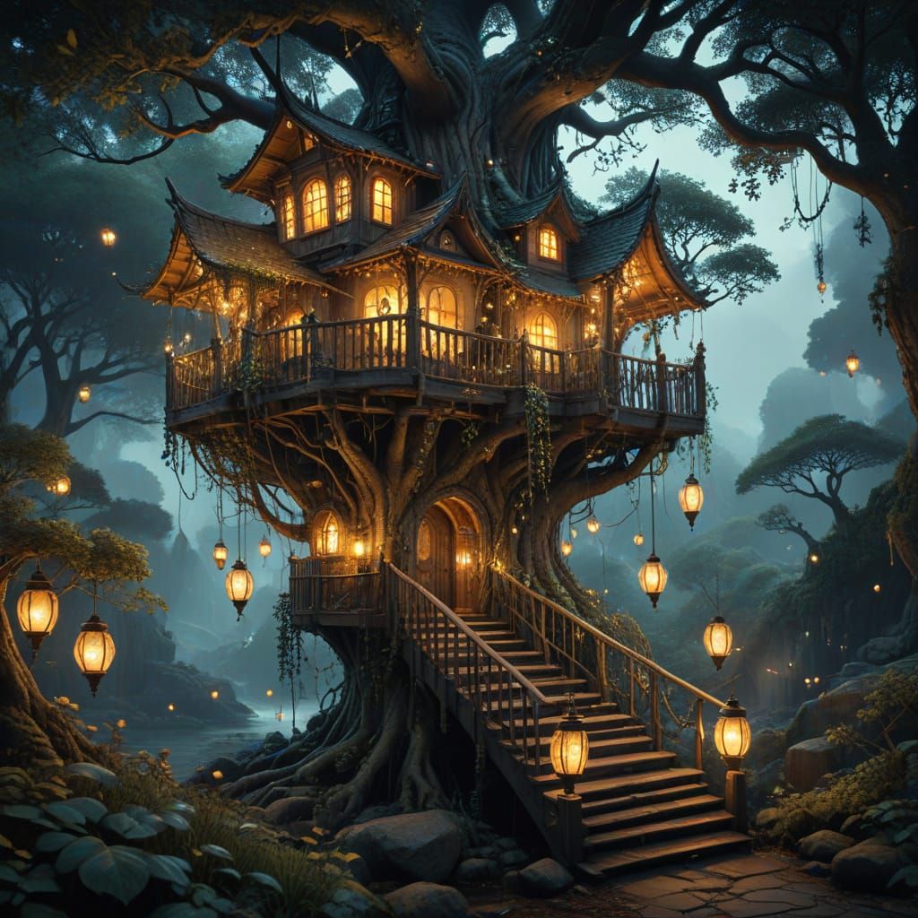 Whimsical Fantasy Treehouse in Ancient Tree