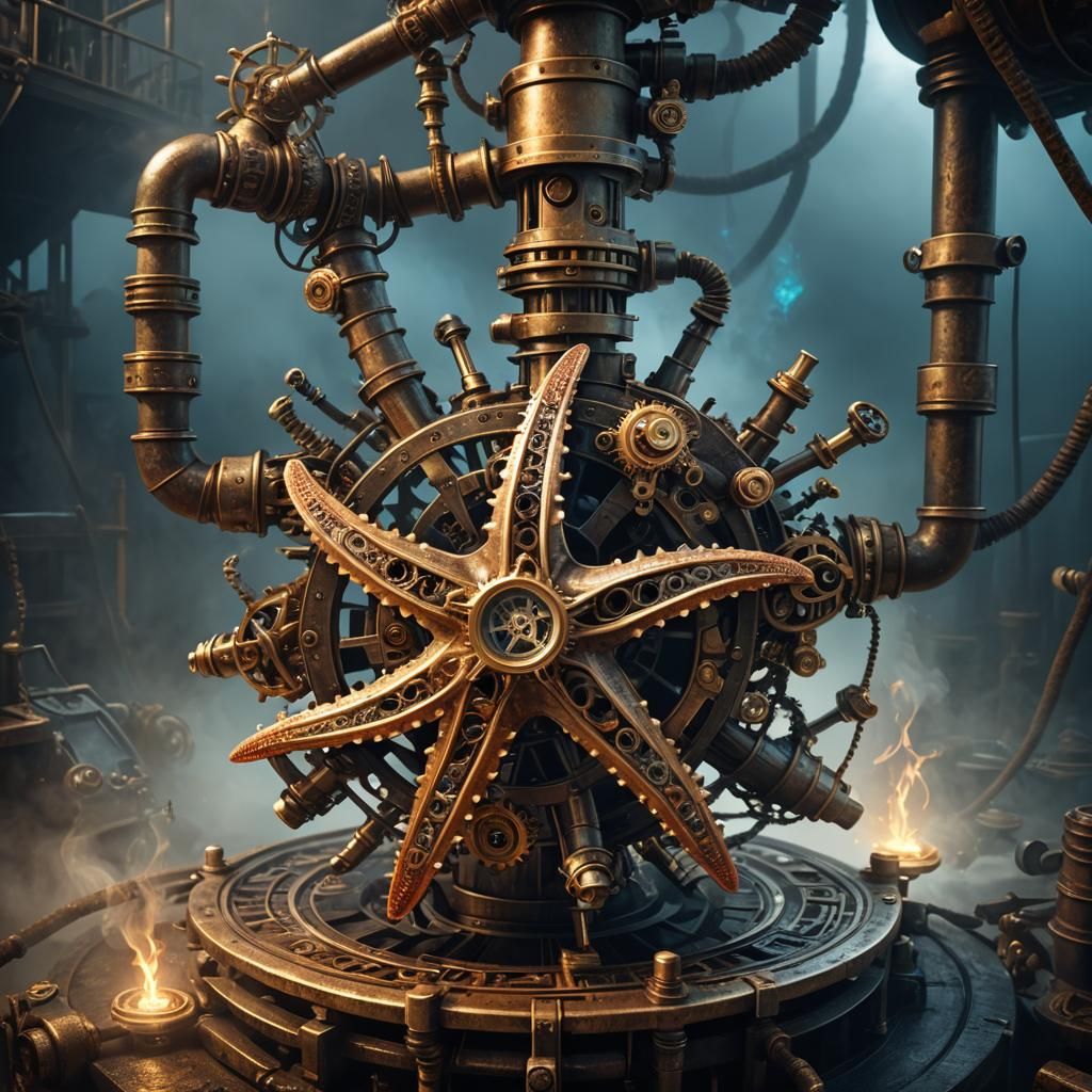 Steampunk Starfish Automaton on Smoky Platform