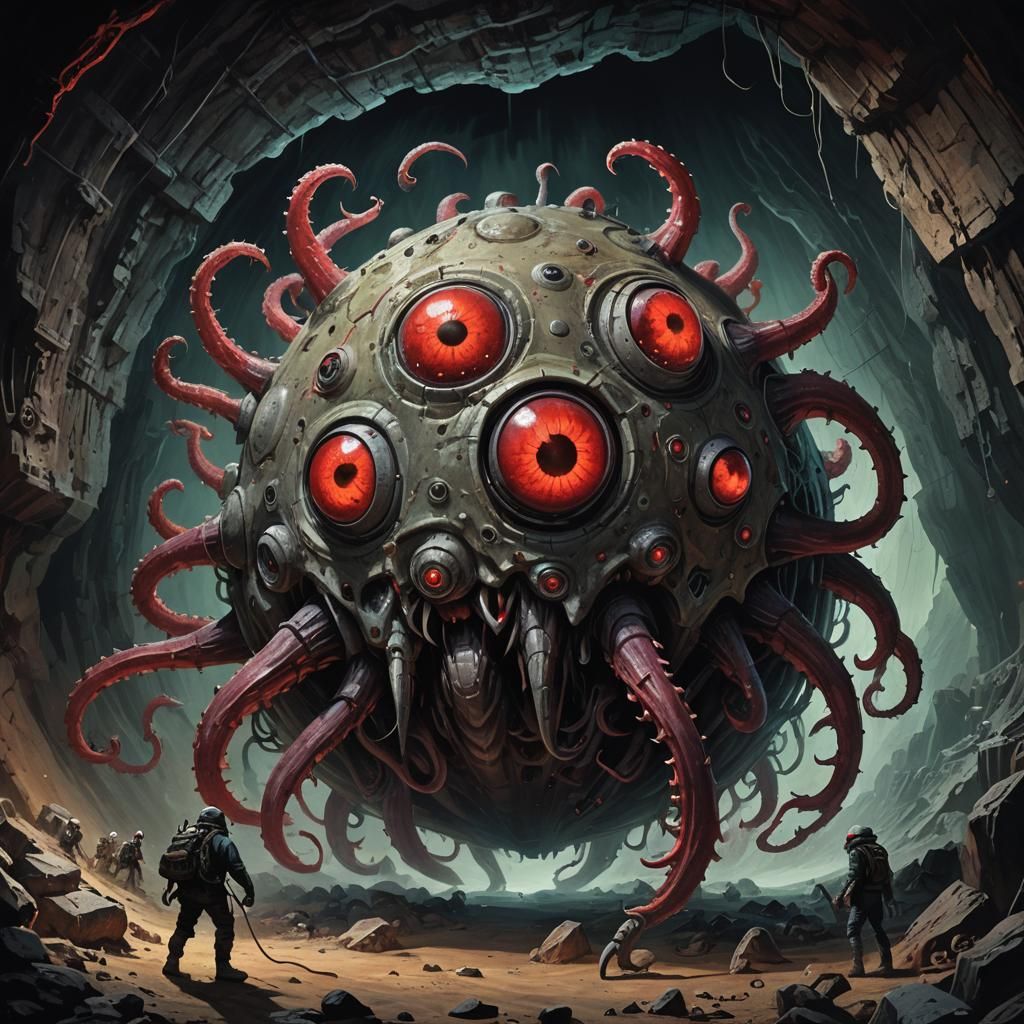 Surreal Cave Creature Chase in Dark Fantasy Style